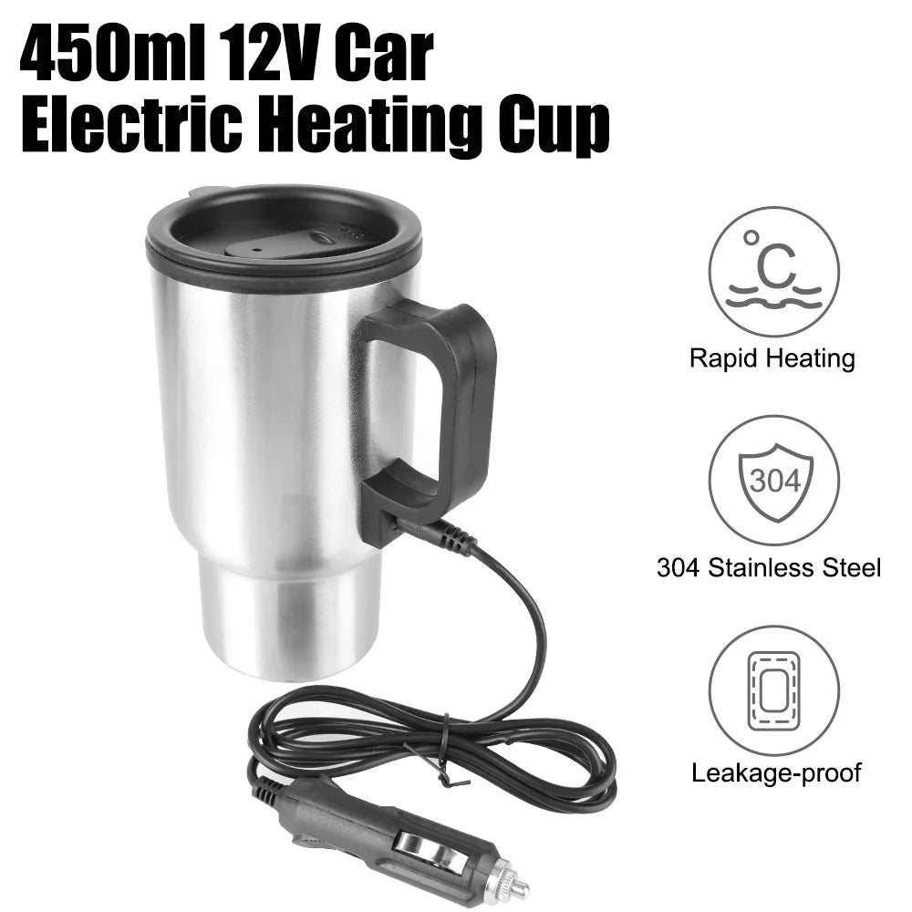 Copo Térmico Elétrico 12V – Aquece Água, Café e Leite no Carro (450 ml, Inox 304)
