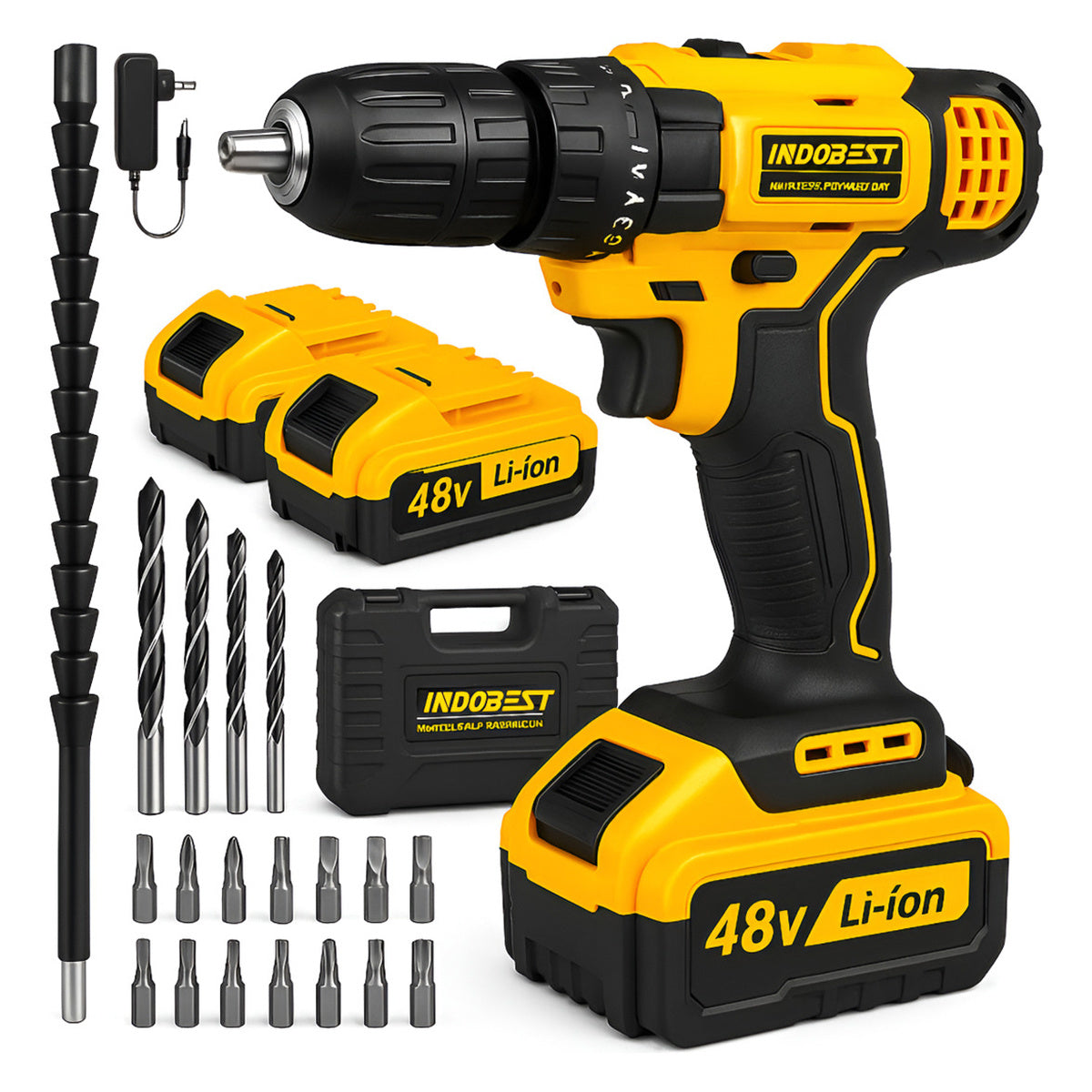 Furadeira/Parafusadeira Sem Fio 48V – 340W, 2 Baterias, Maleta Completa + Bits (1550 RPM)